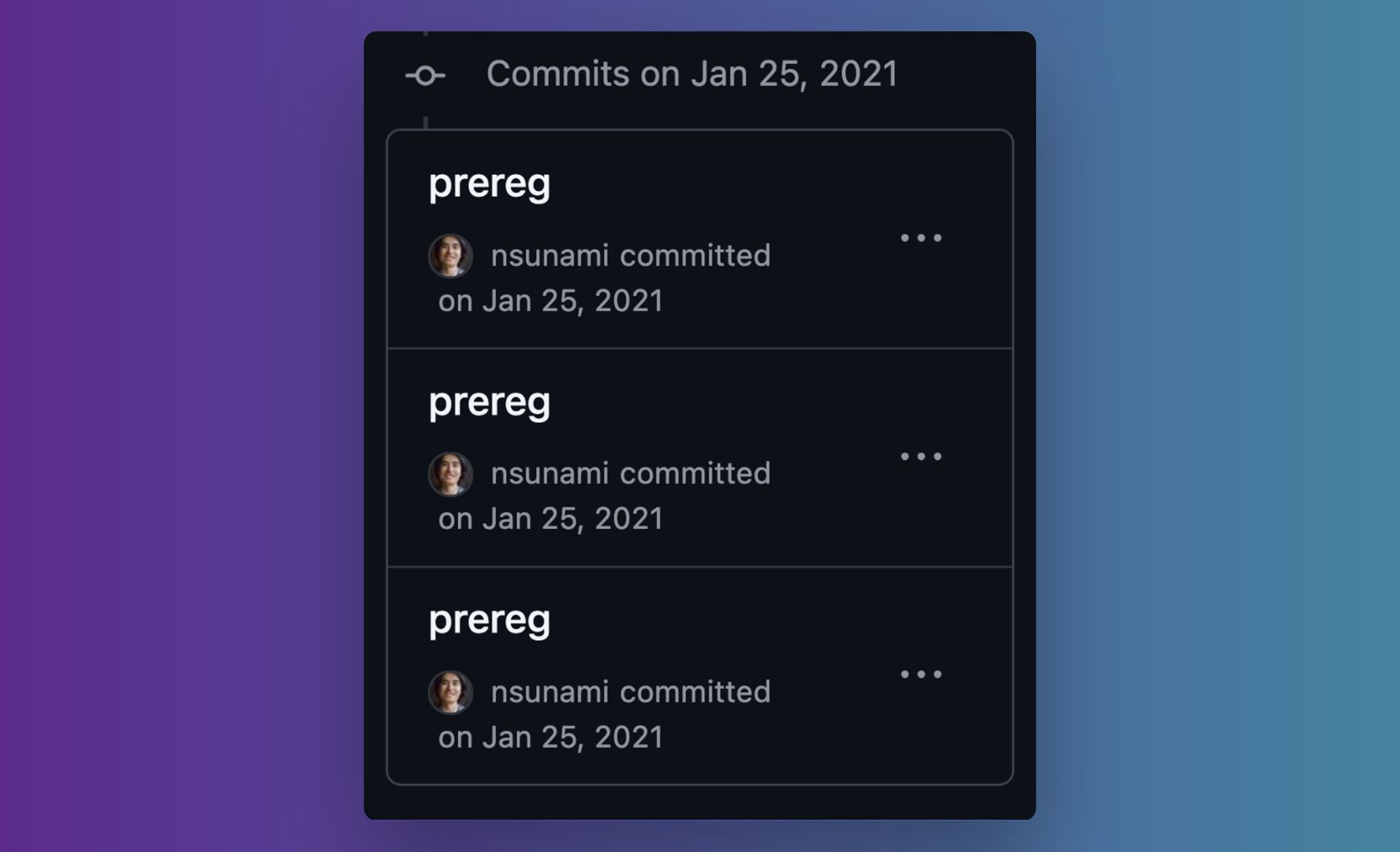 Screenshot from my dissertation GitHub repo showing three commits, with the same commit massage, 'prereg'. These commits do not have anything to do with preregistration.