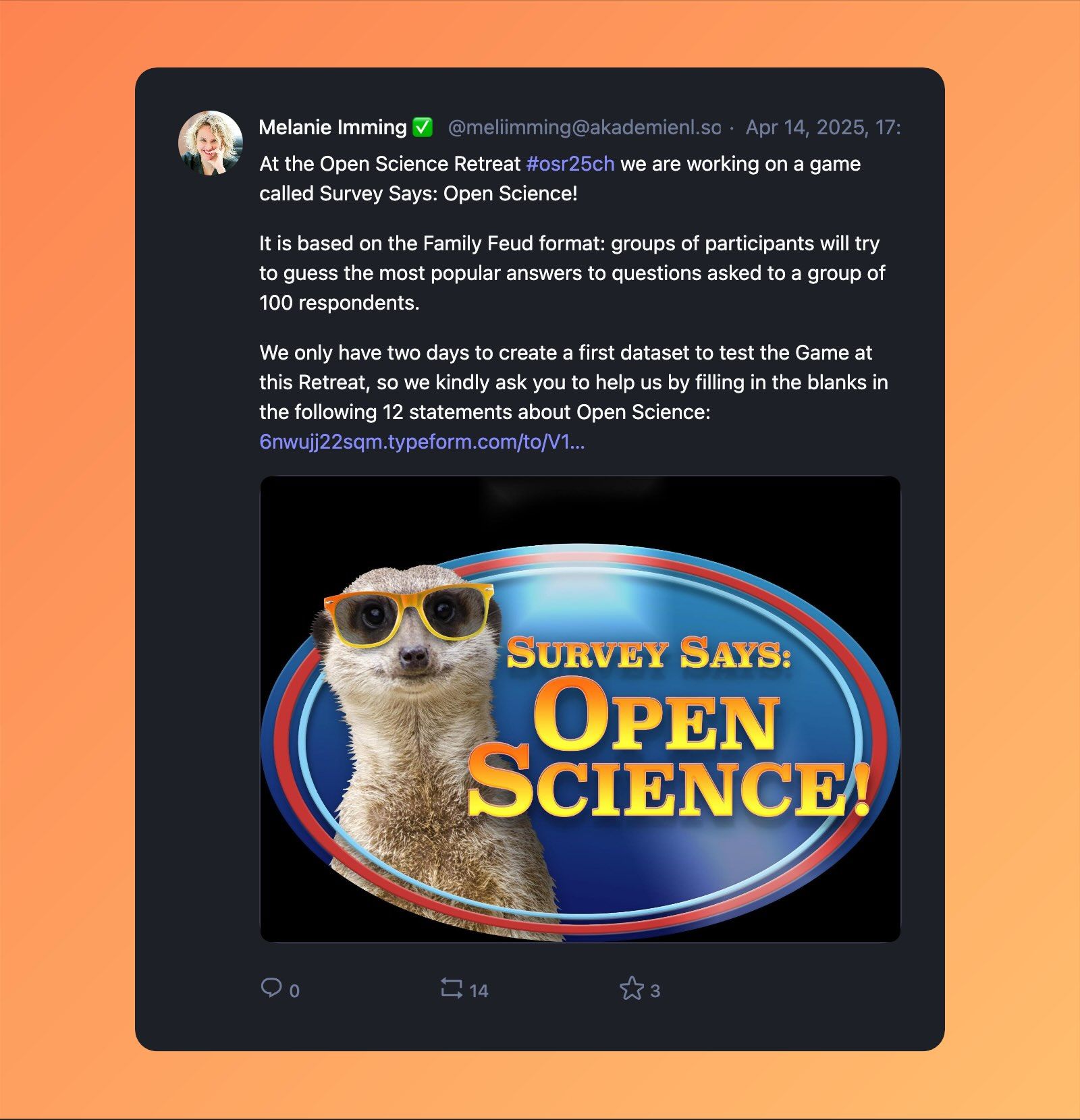 Melanie's toot asking people to answer the survey